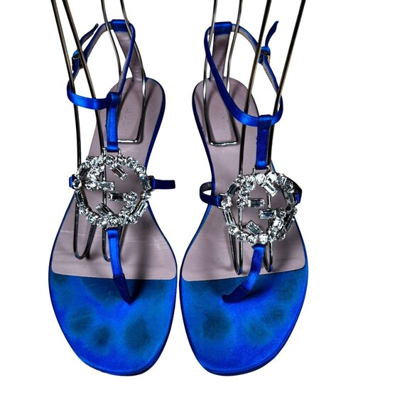 Gucci Crystal Interlocking GG T-Strap Flat Sandals Blue Satin Size 37.5 - Picture 2 of 10